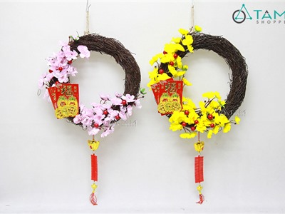 Vòng treo cửa Tết nửa vòng hoa mai đào ĐK 30cm T-VTC-17